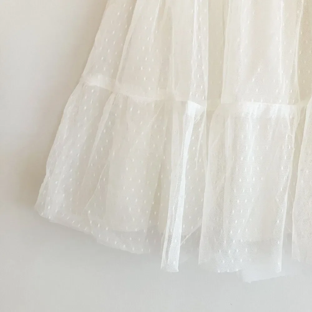 OshKosh Bgosh Puff Short Sleeve Mesh Dress Girls Sz 6 White Polka Dot Layered